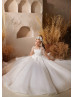 Sheer Long Sleeves Beaded White Lace Tulle Sparkly Flower Girl Dress